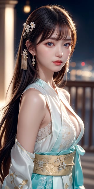 masterpiece,1 girl, very bright backlighting, solo, {beautiful and detailed eyes}, large breasts,dazzling moonlight, calm expression, natural and soft light, hair blown by the breeze, delicate facial features, Blunt bangs,long hair,beautiful korean girl, eye smile,looking at viewer, wearing a fashionable hanfu, hair ornament, earrings, realistic detailed skin texture, detailed hair, 20 yo, ((model pose)), Glamor body type, bare shoulder,(colorful hanfu),beautiful and detailed flowers on hair,shot in chinese palace,fanstic night,and a hint of the night cityscape in the background,(halfbody shot:1.3),