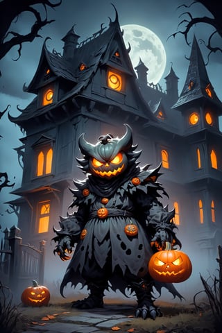 a menacing monster in a Halloween costume, lurking outside a haunting house, clutching a pumpkin in its gnarled claws. The monster's custom is a nightmarish creation, with tattered fabric, sharp fangs, and glowing eyes that pierce through the darkness. The haunting house looms behind, its weathered facade and broken windows adding to the eerie atmosphere. The pumpkin held by the monster is intricately carved with a wicked grin, its candlelight casting eerie shadows on the surroundings