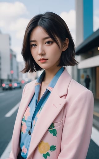 Fujifilm_Industrial_100,1girl,a woman in a pink coat standing on a city street,inspired by Itō Shinsui,unsplash,kodak portra film 800,girl with a flower face,wearing a blazer,patterned clothing,she is wearing streetwear,wearing a blue jacket,cropped shirt with jacket,close - up portrait shot,