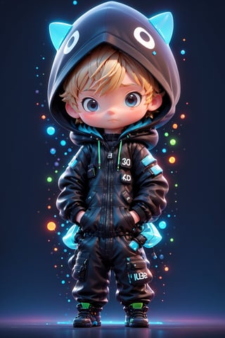 illustration of a cute boy 3D render
character, wearing a black jumpsuit with a hood on,  hands in pockets,  viewed from front,  8k, 3D render style, bioluminescence, Movie Still,photo r3al,chibi,Movie Still,3d style, vibrant colors, too much light