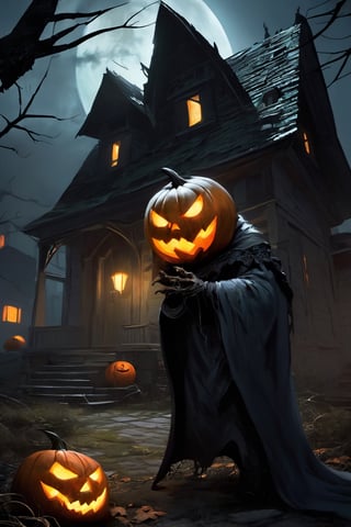 a menacing monster in a Halloween costume, lurking outside a haunting house, clutching a pumpkin in its gnarled claws. The monster's custom is a nightmarish creation, with tattered fabric, sharp fangs, and glowing eyes that pierce through the darkness. The haunting house looms behind, its weathered facade and broken windows adding to the eerie atmosphere. The pumpkin held by the monster is intricately carved with a wicked grin, its candlelight casting eerie shadows on the surroundings