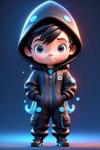 pixar,3d style,toon,illustration of a cute boy 3D render
character, wearing a black jumpsuit with a hood on,  hands in pockets,  viewed from front,  8k, 3D render style, bioluminescence, Movie Still,photo r3al,chibi,Movie Still,3d style, vibrant colors, too much light