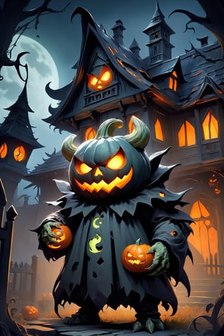 a menacing monster in a Halloween costume, lurking outside a haunting house, clutching a pumpkin in its gnarled claws. The monster's custom is a nightmarish creation, with tattered fabric, sharp fangs, and glowing eyes that pierce through the darkness. The haunting house looms behind, its weathered facade and broken windows adding to the eerie atmosphere. The pumpkin held by the monster is intricately carved with a wicked grin, its candlelight casting eerie shadows on the surroundings