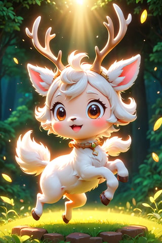 anime artwork pixar,3d style,toon,masterpiece,best quality,good shine,OC rendering,best quality,4K,super detail,The white deer that keeps jumping, . anime style, key visual, vibrant, studio anime,  highly detailed,CHIBI