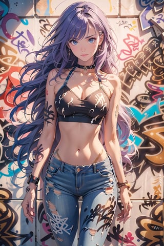 masterpiece, bestquality, 1girls,25 years old, purple long hair, proportional body, elongated legs, Beautiful, proportional., crop top, Long Jeans, ,bara, crop top, choker, (Graffiti:1.5), Splash with purple lightning pattern., arm behind back, against wall, View viewers from the front., Thigh strap, Head tilt, bored, risbeauty,