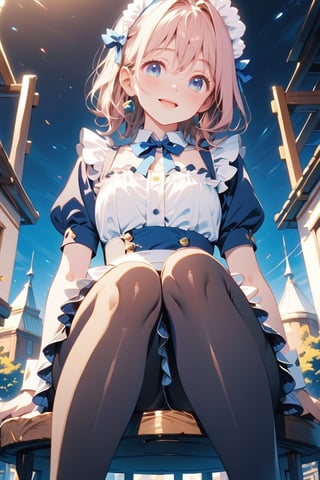 highest quality:1.2, 4K, 8k, Studio Anime, Very detailed, up to date, Vibrant, High detail, High Contrast, masterpiece:1.2, highest quality, Best aesthetics, (((1 girl))), Sitting, Maid, Maid clothes, Blue Ribbon, Frills, Open your mouth slightly:1.2, smile, Dynamic Angle, Low - Angle:1.3, 40 denier black tights, Get closer, Friendly atmosphere, Fun and young々Shii々Cool vibe, Precision and focus, Striking contrast,