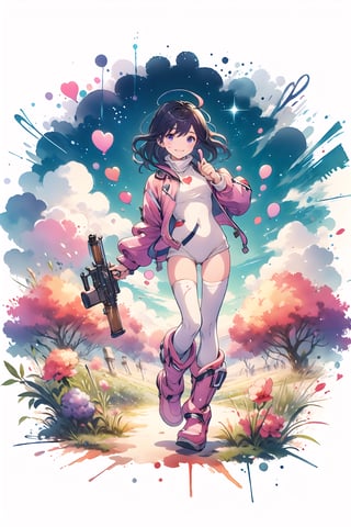 like pop art, best quality, super fine, 16k, incredibly absurdres, extremely detailed, delicate and dynamic, cute female fighter, awkward smile, orange messy wavy short hair, purple eyes, pink seamless turtleneck full bodysuit, purple short down jacket, purple long boots, heart shaped hand mark, wind, wind-effect, background pastel colored lab factory, mysterious pop-shaped long gun, background,scenery
,CrclWc,CuteSt1,WtrClr