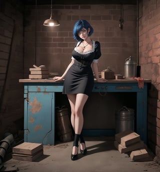 A masterpiece of macabre and horror style, rendered in ultra-detailed 8K with realistic, dark details. | Janny, a young 23-year-old woman, is dressed in a black and white maid uniform, consisting of a short dress, apron, high socks and low-heeled shoes. Her short blue hair is styled in a stylish modern cut, with light effects shining on it. She has golden eyes, looking at the viewer while ((smiles and shows her teeth)), wearing red lipstick. It is located in a filthy basement, with concrete, brick and wooden structures. The rusty machines and destroyed workbench add to the gloomy atmosphere of the place. The dim light from the pendant lamps illuminates the room, creating ominous shadows on the walls. | The image highlights Janny's seductive figure and the architectural elements of the basement. The concrete, brick and wooden structures, along with the rusted machines and destroyed workbench, create a frightening and oppressive environment. The ominous shadows on the walls highlight the tension and fear in the scene. | Soft, shadowy lighting effects create a tense, fear-filled atmosphere, while rough, detailed textures on structures and clothing add realism to the image. | A terrifying scene of a seductive young woman in a filthy basement, exploring themes of fear, danger and despair. | (((The image reveals a full-body shot as Janny assumes a sensual pose, engagingly leaning against a structure within the scene in an exciting manner. She takes on a sensual pose as she interacts, boldly leaning on a structure, leaning back and boldly throwing herself onto the structure, reclining back in an exhilarating way.))). | ((((full-body shot)))), ((perfect pose)), ((perfect arms):1.2), ((perfect limbs, perfect fingers, better hands, perfect hands, hands)), ((perfect legs, perfect feet):1.2), ((huge breasts)), ((perfect design)), ((perfect composition)), ((very detailed scene, very detailed background, perfect layout, correct imperfections)), Enhance, Ultra details++, More Detail, poakl