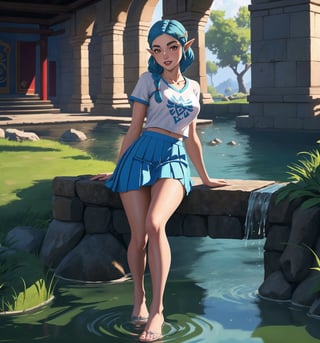 High-quality graphic art in the style of The Legend of Zelda: Breath of the Wild, focusing on precise details and realistic textures. | Princess Zelda, now 22 years old, sports a casual and modern look, wearing a simple white t-shirt and a red pleated skirt. Her feet are bare, revealing her arm and leg tattoos that tell tales of her past adventures. Her ((short blue hair)) is styled in a mohawk, with two small braids adding a feminine touch. ((Her red eyes are full of confidence and sensuality, as she gazes directly at the viewer with a seductive smile, showing her white teeth and red-painted lips)). | The scene takes place in an abandoned water temple, with stone pipes and tubing, ancient structures, and machinery covered in mud and slimes. The lighting is soft, creating shadows and highlights that enhance the beauty and strength of Princess Zelda. | Medium shot composition, with Princess Zelda in the center of the scene, surrounded by the elements of the water temple. The camera is positioned to emphasize the curves and details of Princess Zelda's tattoos. | Lighting and shadow effects to enhance the mysterious atmosphere of the water temple, focusing on the beauty and strength of Princess Zelda. | (((The image reveals a full-body shot as Daliny assumes a sensual pose, engagingly leaning against a structure within the scene in an exciting manner. She takes on a sensual pose as she interacts, boldly leaning on a structure, leaning back and boldly throwing herself onto the structure, reclining back in an exhilarating way.))). | ((((full-body shot)))), ((perfect pose)), ((perfect arms):1.2), ((perfect limbs, perfect fingers, better hands, perfect hands, hands)), ((perfect legs, perfect feet):1.2), ((perfect design)), ((perfect composition)), ((very detailed scene, very detailed background, perfect layout, correct imperfections)), Enhance, Ultra details++, More Detail, poakl