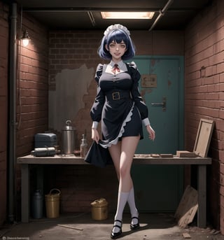 A masterpiece of macabre and horror style, rendered in ultra-detailed 8K with realistic, dark details. | Janny, a young 23-year-old woman, is dressed in a black and white maid uniform, consisting of a short dress, apron, high socks and low-heeled shoes. Her short blue hair is styled in a stylish modern cut, with light effects shining on it. She has golden eyes, looking at the viewer while ((smiles and shows her teeth)), wearing red lipstick. It is located in a filthy basement, with concrete, brick and wooden structures. The rusty machines and destroyed workbench add to the gloomy atmosphere of the place. The dim light from the pendant lamps illuminates the room, creating ominous shadows on the walls. | The image highlights Janny's seductive figure and the architectural elements of the basement. The concrete, brick and wooden structures, along with the rusted machines and destroyed workbench, create a frightening and oppressive environment. The ominous shadows on the walls highlight the tension and fear in the scene. | Soft, shadowy lighting effects create a tense, fear-filled atmosphere, while rough, detailed textures on structures and clothing add realism to the image. | A terrifying scene of a seductive young woman in a filthy basement, exploring themes of fear, danger and despair. | (((The image reveals a full-body shot as Janny assumes a sensual pose, engagingly leaning against a structure within the scene in an exciting manner. She takes on a sensual pose as she interacts, boldly leaning on a structure, leaning back and boldly throwing herself onto the structure, reclining back in an exhilarating way.))). | ((((full-body shot)))), ((perfect pose)), ((perfect arms):1.2), ((perfect limbs, perfect fingers, better hands, perfect hands, hands)), ((perfect legs, perfect feet):1.2), ((huge breasts)), ((perfect design)), ((perfect composition)), ((very detailed scene, very detailed background, perfect layout, correct imperfections)), Enhance, Ultra details++, More Detail, poakl