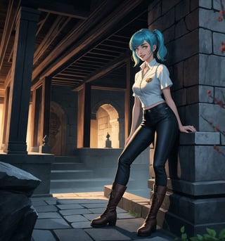 An ultra-detailed 8K masterpiece with adventure and fantasy styles, rendered in ultra-high resolution with graphic detail. | Daliny, a young 23-year-old woman, is dressed for adventure in a white short-sleeved shirt, brown leather vest, sturdy fabric pants and high boots. Hers ((short blue hair)) has a mohawk style, with two long pigtails held together with silver clips. ((Her bright yellow eyes look straight at the viewer as she smiles and shows her white teeth)), wearing bright red lipstick that highlights her thin lips. Mary is located in a macabre tomb, surrounded by ancient rock structures, a stone altar, pillars adorned with ancient emblems, and decaying wooden structures. The atmosphere is dense and mysterious, with shadows dancing on the walls and a cold wind blowing through the cracks. | The image highlights Daliny's imposing and adventurous figure, contrasting with the dark and mysterious environment of the macabre tomb. The ancient rock structures, the stone altar, the tall pillars and the decaying wooden structures, together with the shadows and the cold wind, create an atmosphere mixed between ancient and mysterious. The tomb's artificial lighting creates dramatic shadows and highlights the details of the scene. | Soft, shadowy lighting effects create a tense, mysterious atmosphere, while detailed textures on skin, fabrics and structures add realism to the image. | A sensual and adventurous scene of a young woman in a macabre tomb, exploring themes of fantasy and adventure. | (((The image reveals a full-body shot as Daliny assumes a sensual pose, engagingly leaning against a structure within the scene in an exciting manner. She takes on a sensual pose as she interacts, boldly leaning on a structure, leaning back and boldly throwing herself onto the structure, reclining back in an exhilarating way.))). | ((((full-body shot)))), ((perfect pose)), ((perfect arms):1.2), ((perfect limbs, perfect fingers, better hands, perfect hands, hands)), ((perfect legs, perfect feet):1.2), ((perfect design)), ((perfect composition)), ((very detailed scene, very detailed background, perfect layout, correct imperfections)), Enhance, Ultra details++, More Detail, poakl