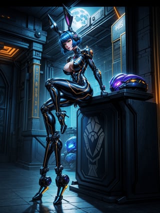 A woman, wearing black rabbit robotic costume with blue parts+mecha costume with bright lights+golden armor, gigantic+firm breasts, blue hair, very short hair, chanel hair with bangs, bangs in front of the eyes, rabbit ears helmet on the head, looking at the viewer, (((erotic pose interacting and leaning on an object)))), in a cybernetic temple with machines,  altars, robots, teleportation, mountain backgrounds made of cybernetic style metal at night with a moon made of metal at the top right, ((full body):1.5). 16k, UHD, best possible quality, ((best possible detail):1), best possible resolution, Unreal Engine 5, professional photography, ((Super Metroid)), perfect_hands