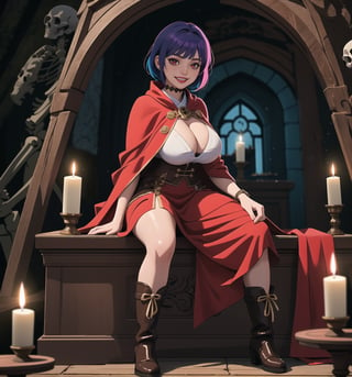 An ultra-detailed 16K masterpiece with macabre styles fused with fantastic elements, rendered in ultra-high resolution with realistic detail. Ayane, a beautiful 23-year-old woman, is dressed as a Spartan warrior in a macabre cave. She wears a brown leather suit, a red tunic, a short white skirt, brown high boots and a red cape. Her short ((blue hair)) is styled in a Mohican cut with gradient effects. She has red eyes, looking at the viewer while ((smiling, showing her teeth)) and wearing red lipstick. The image emphasises Ayane's imposing figure and the architectural elements of the cave. The rocky, wooden structures and the altar, together with the warrior, the skulls, the skeletons and the candles, create a frightening and seductive atmosphere. The melted wax candles, stone sarcophagus and bones scattered on the floor add macabre detail to the scene. Soft, sombre lighting effects create a relaxing, mysterious atmosphere, while rough, detailed textures on the structures and costume add realism to the image. | A relaxing and terrifying scene of a beautiful Spartan warrior in a macabre cave, fusing elements of macabre art and fantasy. (((The image reveals a full-body shot as Ayane assumes a sensual pose, engagingly leaning against a structure within the scene in an exciting manner. She takes on a sensual pose as she interacts, boldly leaning on a structure, leaning back and boldly throwing herself onto the structure, reclining back in an exhilarating way.))). | ((((full-body shot)))), ((perfect pose)), ((perfect limbs, perfect fingers, better hands, perfect hands, hands)), ((perfect legs, perfect feet)), ((huge breasts)), ((perfect design)), ((perfect composition)), ((very detailed scene, very detailed background, perfect layout, correct imperfections)), Enhance, Ultra details++, More Detail, poakl