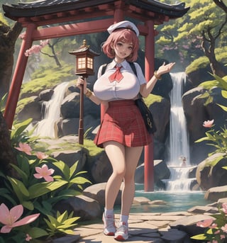 An ultra-detailed 16K masterpiece with mystical and enchanting styles, rendered in ultra-high resolution with realistic details. | Sakura, a young 23-year-old woman with huge breasts, is dressed in a schoolgirl uniform consisting of a white blouse, red and white plaid skirt, red tie and white sneakers. She also wears a white cap with the school emblem, gold cherry blossom earrings, red leather bracelets with metal details on the cuffs, and a red backpack. Her short pink hair is tousled in a modern, shaggy cut. Her red eyes are looking straight at the viewer, while she ((smiles and shows her teeth)), wearing bright red lipstick and war paint on her face. It is located in a temple in a waterfall with hot springs, with rock structures, wooden structures and an altar. The background of the scene shows tall, rugged mountains. It is raining heavily and the place is lit by lamps that create a mystical and enchanting atmosphere. | The image highlights Sakura's sensual figure and the temple's architectural elements. The rock and wooden structures, along with Sakura, the altar, the pillars and the mystical sculptures, create an enchanting and seductive environment. The lamps illuminate the scene, creating dramatic shadows and highlighting the details of the scene. | Soft, colorful lighting effects create a mystical and enchanting atmosphere, while rough, detailed textures on structures and costumes add realism to the image. | A sensual and enchanting scene of a young woman in a temple in a waterfall with hot springs, fusing elements of mystical and enchanting art. | (((The image reveals a full-body shot as Sakura assumes a sensual pose, engagingly leaning against a structure within the scene in an exciting manner. She takes on a sensual pose as she interacts, boldly leaning on a structure, leaning back and boldly throwing herself onto the structure, reclining back in an exhilarating way.))). | ((((full-body shot)))), ((perfect pose)), ((perfect limbs, perfect fingers, better hands, perfect hands, hands))++, ((perfect legs, perfect feet))++, ((huge breasts)), ((perfect design)), ((perfect composition)), ((very detailed scene, very detailed background, perfect layout, correct imperfections)), Enhance++, Ultra details++, More Detail++,