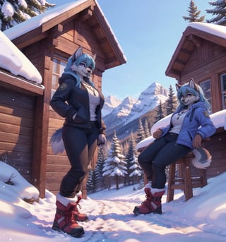 Image in winter, rustic, mountainous, happy, and casual style, rendered in ultra-high resolution with realistic details. | Vallyna, a 33-year-old wolf-woman, is positioned at the entrance of a wooden house in the snowy mountains. She wears a feminine ski outfit consisting of a blue ski jacket, black ski pants, white ski gloves, ski goggles, and ski boots. She has long blue hair with a braid on the left side and a large bang. Her purple eyes stare fixedly at the viewer while she smiles, showing her teeth, mouth open, tongue out, and drool dripping. She also wears a silver necklace with a wolf pendant, leather bracelets, and a silver ring with a purple gemstone. | The scene features the wooden house with shuttered windows, a porch with wooden chairs, and a stone path that leads to the entrance. Wooden structures, snow, trees, rocks, and mountains are part of the scenery. | Composition in a wide-angle shot, emphasizing Vallyna's figure and the architectural elements of the house. Natural lighting from the sun creates soft shadows and highlights the details of the scene. | Soft and bright lighting effects create a happy and casual atmosphere, while detailed textures in the snow, wood, and rocks add realism to the image. | A happy and casual scene of Vallyna, a wolf-woman, at the entrance of a wooden house in the snowy mountains. | (((((The image reveals a full-body_shot as she assumes a relaxed_pose, engagingly leaning against a structure within the scene in an relaxed manner. She takes on a relaxed_pose as she interacts, boldly leaning on a structure, leaning back in an relaxed way))))) | ((perfect anatomy, perfect body, perfect_pose)), ((full-body_shot)), ((perfect fingers, better hands, perfect hands, perfect legs, perfect feet)), ((Bust size XL)), ((firm_bust, perfect_bust)), ((perfect design)), ((correct errors):1.2), ((perfect composition)), ((very detailed scene, very detailed background, correct imperfections, perfect layout):1.2), ((More Detail, Enhance))