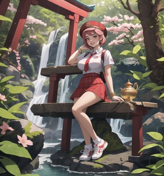 An ultra-detailed 16K masterpiece with mystical and enchanting styles, rendered in ultra-high resolution with realistic details. | Sakura, a young 23-year-old woman with huge breasts, is dressed in a schoolgirl uniform consisting of a white blouse, red and white plaid skirt, red tie and white sneakers. She also wears a white cap with the school emblem, gold cherry blossom earrings, red leather bracelets with metal details on the cuffs, and a red backpack. Her short pink hair is tousled in a modern, shaggy cut. Her red eyes are looking straight at the viewer, while she ((smiles and shows her teeth)), wearing bright red lipstick and war paint on her face. It is located in a temple in a waterfall with hot springs, with rock structures, wooden structures and an altar. The background of the scene shows tall, rugged mountains. It is raining heavily and the place is lit by lamps that create a mystical and enchanting atmosphere. | The image highlights Sakura's sensual figure and the temple's architectural elements. The rock and wooden structures, along with Sakura, the altar, the pillars and the mystical sculptures, create an enchanting and seductive environment. The lamps illuminate the scene, creating dramatic shadows and highlighting the details of the scene. | Soft, colorful lighting effects create a mystical and enchanting atmosphere, while rough, detailed textures on structures and costumes add realism to the image. | A sensual and enchanting scene of a young woman in a temple in a waterfall with hot springs, fusing elements of mystical and enchanting art. | (((The image reveals a full-body shot as Sakura assumes a sensual pose, engagingly leaning against a structure within the scene in an exciting manner. She takes on a sensual pose as she interacts, boldly leaning on a structure, leaning back and boldly throwing herself onto the structure, reclining back in an exhilarating way.))). | ((((full-body shot)))), ((perfect pose)), ((perfect limbs, perfect fingers, better hands, perfect hands, hands))++, ((perfect legs, perfect feet))++, ((huge breasts)), ((perfect design)), ((perfect composition)), ((very detailed scene, very detailed background, perfect layout, correct imperfections)), Enhance++, Ultra details++, More Detail++