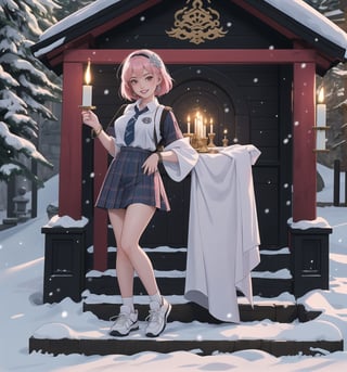 An ultra-detailed 16K masterpiece featuring gothic and fantasy styles, rendered in ultra-high resolution with realistic details. | Yuki, a young 28-year-old woman, is dressed in a schoolgirl uniform, consisting of a white blouse, blue and white plaid skirt, blue tie and white sneakers. She also wears a white cap with the school emblem, silver snowflake earrings, white leather bracelets with metal details on the cuffs, and a white backpack. Her short ((pink hair)) is tousled in a modern, shaggy cut. Her red eyes are looking straight at the viewer, while ((she smiles and shows her teeth)), wearing bright red lipstick and war paint on her face. It is located in a temple in the snowy mountains at night, with rock structures, snow structures, ancient structures and wooden structures. Moonlight illuminates the site, casting mysterious shadows on the temple structures. An altar is located in the center of the temple, with lit candles and flowers around it. | The image highlights Yuki's sensual figure and the temple's architectural elements. The rock, wooden and marble structures, along with Yuki, the altar, the pillars and the macabre sculptures, create a frightening and seductive environment. The candles lit on the altar illuminate the scene, creating dramatic shadows and highlighting the details of the scene. | Soft, moody lighting effects create a relaxing and mysterious atmosphere, while rough, detailed textures on structures and costume add realism to the image. | A sensual and terrifying scene of a young woman in a temple in the snowy mountains, fusing elements of gothic art and fantasy. | (((The image reveals a full-body shot as Yuki assumes a sensual pose, engagingly leaning against a structure within the scene in an exciting manner. She takes on a sensual pose as she interacts, boldly leaning on a structure, leaning back and boldly throwing herself onto the structure, reclining back in an exhilarating way.))). | ((((full-body shot)))), ((perfect pose)), ((perfect limbs, perfect fingers, better hands, perfect hands, hands))++, ((perfect legs, perfect feet))++, ((huge breasts)), ((perfect design)), ((perfect composition)), ((very detailed scene, very detailed background, perfect layout, correct imperfections)), Enhance++, Ultra details++, More Detail++