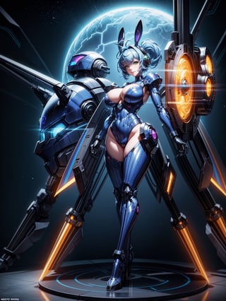 A woman, wearing black rabbit robotic costume with blue parts+mecha costume with bright lights+golden armor, gigantic+firm breasts, blue hair, very short hair, chanel hair with bangs, bangs in front of the eyes, rabbit ears helmet on the head, looking at the viewer, (((erotic pose interacting and leaning on an object))), in a cybernetic temple with machines,  altars, robots, teleportation, ((full body):1.5). 16k, UHD, best possible quality, ((best possible detail):1), best possible resolution, Unreal Engine 5, professional photography, ((Super Metroid)), perfect_hands