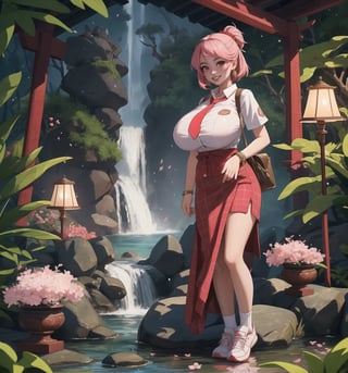 An ultra-detailed 16K masterpiece with mystical and enchanting styles, rendered in ultra-high resolution with realistic details. | Sakura, a young 23-year-old woman with huge breasts, is dressed in a schoolgirl uniform consisting of a white blouse, red and white plaid skirt, red tie and white sneakers. She also wears a white cap with the school emblem, gold cherry blossom earrings, red leather bracelets with metal details on the cuffs, and a red backpack. Her short pink hair is tousled in a modern, shaggy cut. Her red eyes are looking straight at the viewer, while she ((smiles and shows her teeth)), wearing bright red lipstick and war paint on her face. It is located in a temple in a waterfall with hot springs, with rock structures, wooden structures and an altar. The background of the scene shows tall, rugged mountains. It is raining heavily and the place is lit by lamps that create a mystical and enchanting atmosphere. | The image highlights Sakura's sensual figure and the temple's architectural elements. The rock and wooden structures, along with Sakura, the altar, the pillars and the mystical sculptures, create an enchanting and seductive environment. The lamps illuminate the scene, creating dramatic shadows and highlighting the details of the scene. | Soft, colorful lighting effects create a mystical and enchanting atmosphere, while rough, detailed textures on structures and costumes add realism to the image. | A sensual and enchanting scene of a young woman in a temple in a waterfall with hot springs, fusing elements of mystical and enchanting art. | (((The image reveals a full-body shot as Sakura assumes a sensual pose, engagingly leaning against a structure within the scene in an exciting manner. She takes on a sensual pose as she interacts, boldly leaning on a structure, leaning back and boldly throwing herself onto the structure, reclining back in an exhilarating way.))). | ((((full-body shot)))), ((perfect pose)), ((perfect limbs, perfect fingers, better hands, perfect hands, hands))++, ((perfect legs, perfect feet))++, ((huge breasts)), ((perfect design)), ((perfect composition)), ((very detailed scene, very detailed background, perfect layout, correct imperfections)), Enhance++, Ultra details++, More Detail++,
