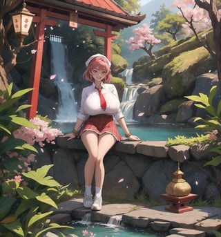An ultra-detailed 16K masterpiece with mystical and enchanting styles, rendered in ultra-high resolution with realistic details. | Sakura, a young 23-year-old woman with huge breasts, is dressed in a schoolgirl uniform consisting of a white blouse, red and white plaid skirt, red tie and white sneakers. She also wears a white cap with the school emblem, gold cherry blossom earrings, red leather bracelets with metal details on the cuffs, and a red backpack. Her short pink hair is tousled in a modern, shaggy cut. Her red eyes are looking straight at the viewer, while she ((smiles and shows her teeth)), wearing bright red lipstick and war paint on her face. It is located in a temple in a waterfall with hot springs, with rock structures, wooden structures and an altar. The background of the scene shows tall, rugged mountains. It is raining heavily and the place is lit by lamps that create a mystical and enchanting atmosphere. | The image highlights Sakura's sensual figure and the temple's architectural elements. The rock and wooden structures, along with Sakura, the altar, the pillars and the mystical sculptures, create an enchanting and seductive environment. The lamps illuminate the scene, creating dramatic shadows and highlighting the details of the scene. | Soft, colorful lighting effects create a mystical and enchanting atmosphere, while rough, detailed textures on structures and costumes add realism to the image. | A sensual and enchanting scene of a young woman in a temple in a waterfall with hot springs, fusing elements of mystical and enchanting art. | (((The image reveals a full-body shot as Sakura assumes a sensual pose, engagingly leaning against a structure within the scene in an exciting manner. She takes on a sensual pose as she interacts, boldly leaning on a structure, leaning back and boldly throwing herself onto the structure, reclining back in an exhilarating way.))). | ((((full-body shot)))), ((perfect pose)), ((perfect limbs, perfect fingers, better hands, perfect hands, hands))++, ((perfect legs, perfect feet))++, ((huge breasts)), ((perfect design)), ((perfect composition)), ((very detailed scene, very detailed background, perfect layout, correct imperfections)), Enhance++, Ultra details++, More Detail++,