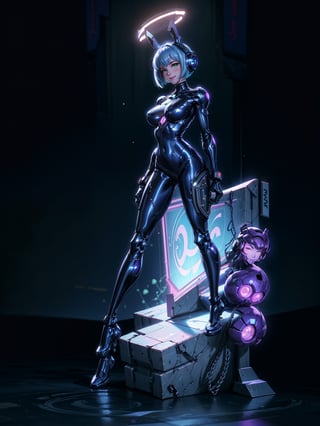A woman, wearing black rabbit robotic costume with blue parts+mecha costume with bright lights+golden armor, gigantic+firm breasts, blue hair, very short hair, chanel hair with bangs, bangs in front of the eyes, rabbit ears helmet on the head, looking at the viewer, (((erotic pose interacting and leaning on an object)))), in a cybernetic temple with machines,  altars, robots, teleportation, mountain backgrounds made of cybernetic style metal at night with a moon made of metal at the top right, ((full body):1.5). 16k, UHD, best possible quality, ((best possible detail):1), best possible resolution, Unreal Engine 5, professional photography, ((Super Metroid)), perfect_hands