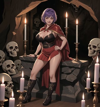 An ultra-detailed 16K masterpiece with macabre styles fused with fantastic elements, rendered in ultra-high resolution with realistic detail. Ayane, a beautiful 23-year-old woman, is dressed as a Spartan warrior in a macabre cave. She wears a brown leather suit, a red tunic, a short white skirt, brown high boots and a red cape. Her short blue hair is styled in a Mohican cut with gradient effects. She has red eyes, looking at the viewer while ((smiling, showing her teeth)) and wearing red lipstick. The image emphasises Ayane's imposing figure and the architectural elements of the cave. The rocky, wooden structures and the altar, together with the warrior, the skulls, the skeletons and the candles, create a frightening and seductive atmosphere. The melted wax candles, stone sarcophagus and bones scattered on the floor add macabre detail to the scene. Soft, sombre lighting effects create a relaxing, mysterious atmosphere, while rough, detailed textures on the structures and costume add realism to the image. | A relaxing and terrifying scene of a beautiful Spartan warrior in a macabre cave, fusing elements of macabre art and fantasy. (((The image reveals a full-body shot as Ayane assumes a sensual pose, engagingly leaning against a structure within the scene in an exciting manner. She takes on a sensual pose as she interacts, boldly leaning on a structure, leaning back and boldly throwing herself onto the structure, reclining back in an exhilarating way.))). | ((((full-body shot)))), ((perfect pose)), ((perfect limbs, perfect fingers, better hands, perfect hands, hands)), ((perfect legs, perfect feet)), ((huge breasts)), ((perfect design)), ((perfect composition)), ((very detailed scene, very detailed background, perfect layout, correct imperfections)), Enhance, Ultra details++, More Detail, poakl