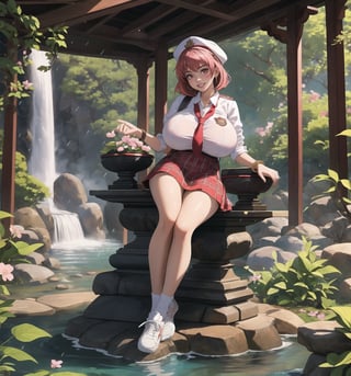 An ultra-detailed 16K masterpiece with mystical and enchanting styles, rendered in ultra-high resolution with realistic details. | Sakura, a young 23-year-old woman with huge breasts, is dressed in a schoolgirl uniform consisting of a white blouse, red and white plaid skirt, red tie and white sneakers. She also wears a white cap with the school emblem, gold cherry blossom earrings, red leather bracelets with metal details on the cuffs, and a red backpack. Her short pink hair is tousled in a modern, shaggy cut. Her red eyes are looking straight at the viewer, while she ((smiles and shows her teeth)), wearing bright red lipstick and war paint on her face. It is located in a temple in a waterfall with hot springs, with rock structures, wooden structures and an altar. The background of the scene shows tall, rugged mountains. It is raining heavily and the place is lit by lamps that create a mystical and enchanting atmosphere. | The image highlights Sakura's sensual figure and the temple's architectural elements. The rock and wooden structures, along with Sakura, the altar, the pillars and the mystical sculptures, create an enchanting and seductive environment. The lamps illuminate the scene, creating dramatic shadows and highlighting the details of the scene. | Soft, colorful lighting effects create a mystical and enchanting atmosphere, while rough, detailed textures on structures and costumes add realism to the image. | A sensual and enchanting scene of a young woman in a temple in a waterfall with hot springs, fusing elements of mystical and enchanting art. | (((The image reveals a full-body shot as Sakura assumes a sensual pose, engagingly leaning against a structure within the scene in an exciting manner. She takes on a sensual pose as she interacts, boldly leaning on a structure, leaning back and boldly throwing herself onto the structure, reclining back in an exhilarating way.))). | ((((full-body shot)))), ((perfect pose)), ((perfect limbs, perfect fingers, better hands, perfect hands, hands))++, ((perfect legs, perfect feet))++, ((huge breasts)), ((perfect design)), ((perfect composition)), ((very detailed scene, very detailed background, perfect layout, correct imperfections)), Enhance++, Ultra details++, More Detail++,