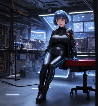 An ultra-detailed 16K masterpiece with sci-fi and adventure stylings, rendered in ultra-high resolution with realistic detail. Maia, a beautiful 23-year-old woman, is dressed as a mecha pilot in a futuristic laboratory. She wears a suit of silver metal armour, a black jacket, black trousers, black boots and black gloves. Her short blue hair is styled in a Mohican cut with gradient effects. She has red eyes, looking at the viewer while smiling, showing her teeth and wearing red lipstick. The image emphasises Maia's imposing figure and the technological elements of the futuristic laboratory. The metal structures, computers, control panels and luminous machines create a cold, sterile environment. The white lights illuminating the scene add clinical detail to the scene. | Cold, metallic lighting effects create a tense, futuristic atmosphere, while detailed textures on the structures and the costume add realism to the image. | A tense, futuristic scene of a beautiful mecha pilot in a futuristic laboratory, fusing elements of sci-fi and adventure. | (((The image reveals a full-body shot as Maia assumes a sensual pose, engagingly leaning against a structure within the scene in an exciting manner. She takes on a sensual pose as she interacts, boldly leaning on a structure, leaning back and boldly throwing herself onto the structure, reclining back in an exhilarating way.))). | ((((full-body shot)))), ((perfect pose)), ((perfect limbs, perfect fingers, better hands, perfect hands, hands)), ((perfect legs, perfect feet)), ((huge breasts)), ((perfect design)), ((perfect composition)), ((very detailed scene, very detailed background, perfect layout, correct imperfections)), Enhance, Ultra details++, More Detail, poakl