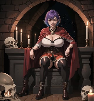 An ultra-detailed 16K masterpiece with macabre styles fused with fantastic elements, rendered in ultra-high resolution with realistic detail. Ayane, a beautiful 23-year-old woman, is dressed as a Spartan warrior in a macabre cave. She wears a brown leather suit, a red tunic, a short white skirt, brown high boots and a red cape. Her short ((blue hair)) is styled in a Mohican cut with gradient effects. She has red eyes, looking at the viewer while ((smiling, showing her teeth)) and wearing red lipstick. The image emphasises Ayane's imposing figure and the architectural elements of the cave. The rocky, wooden structures and the altar, together with the warrior, the skulls, the skeletons and the candles, create a frightening and seductive atmosphere. The melted wax candles, stone sarcophagus and bones scattered on the floor add macabre detail to the scene. Soft, sombre lighting effects create a relaxing, mysterious atmosphere, while rough, detailed textures on the structures and costume add realism to the image. | A relaxing and terrifying scene of a beautiful Spartan warrior in a macabre cave, fusing elements of macabre art and fantasy. (((The image reveals a full-body shot as Ayane assumes a sensual pose, engagingly leaning against a structure within the scene in an exciting manner. She takes on a sensual pose as she interacts, boldly leaning on a structure, leaning back and boldly throwing herself onto the structure, reclining back in an exhilarating way.))). | ((((full-body shot)))), ((perfect pose)), ((perfect limbs, perfect fingers, better hands, perfect hands, hands)), ((perfect legs, perfect feet)), ((huge breasts)), ((perfect design)), ((perfect composition)), ((very detailed scene, very detailed background, perfect layout, correct imperfections)), Enhance, Ultra details++, More Detail, poakl