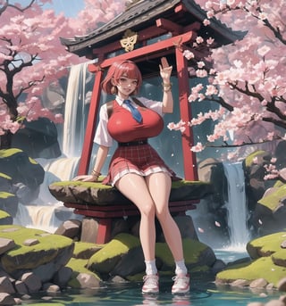 An ultra-detailed 16K masterpiece with mystical and enchanting styles, rendered in ultra-high resolution with realistic details. | Sakura, a young 23-year-old woman with huge breasts, is dressed in a schoolgirl uniform consisting of a white blouse, red and white plaid skirt, red tie and white sneakers. She also wears a white cap with the school emblem, gold cherry blossom earrings, red leather bracelets with metal details on the cuffs, and a red backpack. Her short pink hair is tousled in a modern, shaggy cut. Her red eyes are looking straight at the viewer, while she ((smiles and shows her teeth)), wearing bright red lipstick and war paint on her face. It is located in a temple in a waterfall with hot springs, with rock structures, wooden structures and an altar. The background of the scene shows tall, rugged mountains. It is raining heavily and the place is lit by lamps that create a mystical and enchanting atmosphere. | The image highlights Sakura's sensual figure and the temple's architectural elements. The rock and wooden structures, along with Sakura, the altar, the pillars and the mystical sculptures, create an enchanting and seductive environment. The lamps illuminate the scene, creating dramatic shadows and highlighting the details of the scene. | Soft, colorful lighting effects create a mystical and enchanting atmosphere, while rough, detailed textures on structures and costumes add realism to the image. | A sensual and enchanting scene of a young woman in a temple in a waterfall with hot springs, fusing elements of mystical and enchanting art. | (((The image reveals a full-body shot as Sakura assumes a sensual pose, engagingly leaning against a structure within the scene in an exciting manner. She takes on a sensual pose as she interacts, boldly leaning on a structure, leaning back and boldly throwing herself onto the structure, reclining back in an exhilarating way.))). | ((((full-body shot)))), ((perfect pose)), ((perfect limbs, perfect fingers, better hands, perfect hands, hands))++, ((perfect legs, perfect feet))++, ((huge breasts)), ((perfect design)), ((perfect composition)), ((very detailed scene, very detailed background, perfect layout, correct imperfections)), Enhance++, Ultra details++, More Detail++,