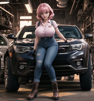 An ultra-detailed 16K masterpiece with a realistic, industrial style, rendered in ultra-high resolution with lifelike detail. | Rina, a 28-year-old woman, is dressed in dark blue mechanic's overalls, with the name "Rina" embroidered on the chest. She also wears ripped jeans, black leather boots, and brown leather gloves. Her short pink hair is tousled in a modern, shaggy cut. Her golden eyes are looking straight at the viewer as she smiles and shows her teeth, wearing bright red lipstick and war paint on her face. It is located in a vehicle repair shop, with machines, tires, metal structures and vehicle engines around it. The light from fluorescent lamps illuminates the place, creating an atmosphere of hard, concentrated work. | The image highlights Rina's sensual figure and the industrial elements of the auto repair shop. Machines, tires, metal structures and vehicle engines create a hard and concentrated work environment. Fluorescent lamps illuminate the scene, creating dramatic shadows and highlighting the details of the scene. | Soft, colorful lighting effects create a realistic, industrial atmosphere, while rough, detailed textures on the metal structures and costume add realism to the image. | A sensual and realistic scene of a woman in an auto repair shop, fusing elements of realistic and industrial art. | (((The image reveals a full-body shot as Rina assumes a sensual pose, engagingly leaning against a structure within the scene in an exciting manner. She takes on a sensual pose as she interacts, boldly leaning on a structure, leaning back and boldly throwing herself onto the structure, reclining back in an exhilarating way.))). | ((((full-body shot)))), ((perfect pose)), ((perfect limbs, perfect fingers, better hands, perfect hands, hands))++, ((perfect legs, perfect feet))++, ((huge breasts)), ((perfect design)), ((perfect composition)), ((very detailed scene, very detailed background, perfect layout, correct imperfections)), Enhance++, Ultra details++, More Detail++