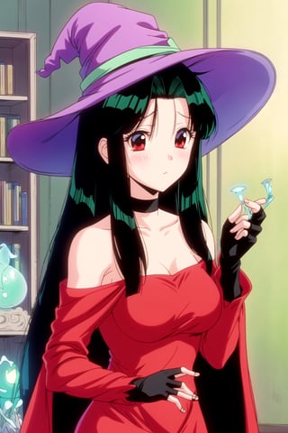 1girl,woman, bare shoulders, black cape, black gloves, black hair, blush, cape, choker, collarbone, dress, fingerless gloves, gloves, hair between eyes, hat, long sleeves, looking at viewer, medium hair, off-shoulder dress, off shoulder, red dress, red eyes, sidelocks, simple background, solo, indoors, witch hat, ((masterpiece)),(ritsuko_nube:1.4),(bioluminescence:1.2)