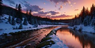 masterpiece, high quality, forest, sunset, river, salmon run, winter