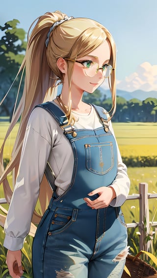 (masterpiece, best quality, elaborately crafted costumes, rich in details and textures, perfect anatomy, beautiful eyes, anime:1.25), (depth of field, dynamic angle, looking away:1.2), walking, cowboy shot, harvest, agriculture, (country roadside, field landscape:1.4), BREAK,a woman is 24 years old, ponytail, long hair, shiny hair, (blond hair:1.3), (green eyes:1.3), cheerful, Smile, BREAK,feminine (wearing that long sleeve white cut and sewn, denim overalls:1.25), (silver small oval glasses:1.3), basket, hoe,Detailedface,
