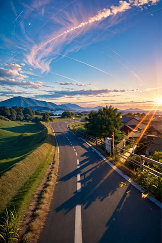 scenery, no_humans, sky, cloud, tree, outdoors, shooting_star, road, grass, mountain, star_\(sky\), nature, sunset, cloudy_sky, forest, starry_sky, path, sun, sunlight, landscape, blue_sky, mountainous_horizon, hill, horizon, river, lens_flare, diffraction_spikes, pine_tree, gradient_sky, sunrise, power_lines, night, twilight, field, rural, meteor_shower, blurry, comet, light_rays, day, plant, night_sky, evening, light_particles, orange_theme, depth_of_field, condensation_trail, utility_pole, orange_sky, lake, falling_star, water, dutch_angle, yellow_sky, bare_tree, meteor, multicolored, house, reflection, sunbeam, dusk, signature, valley, building, bush, blurry_foreground