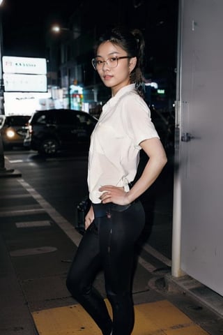 as an slim fit asian woman wearing round glasses standing sexy wearing tight leggins she have straight bangs and a side ponytail,  1girl,  solo,  glasses,  black hair,  shirt,  white shirt,  looking at viewer,  realistic,  black-framed eyewear,  side-ponytail hair,  full body picture, medium length hair
,chinatsumura,perfect,Sexy Pose,photorealistic,flash,flashlight