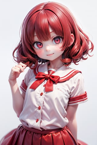 (masterpiece), (best quality), highres, highly detailed, an extremely delicate and beautiful,
1 girl, solo, beautiful red eyes, ruby textured eyes, (smiley and round eyes), pale red hair, (short hair), (wavy hair ends), [tiny:medium:0.7] breasts, (hand by Guido Daniele), 
white blouse, red pleated skirt,(white background:1.5)