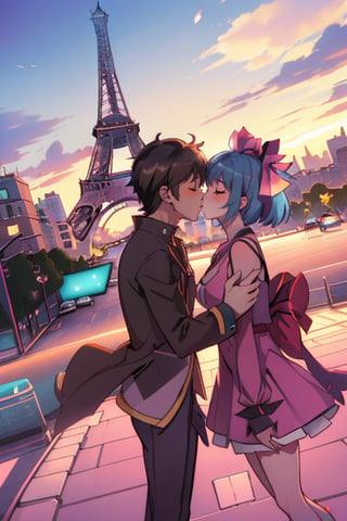 Valentine day ; 1boy , 1girl , kiss at eifel tower,sunshade , detailed , hd , dinamic angle lens , wide angle , windy day , ,yofukashi background,city,BiBa,night , dramatic atmosfer