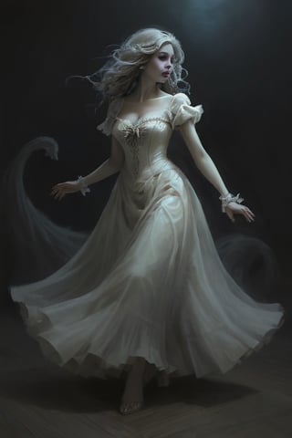 Illustrate the traveler and the ghostly figure locked in a dance, their forms swirling in a ghastly waltz. Emphasize the traveler's expression of fear. 14526075
,Monster,HellAI,ghost,horror,dark theme