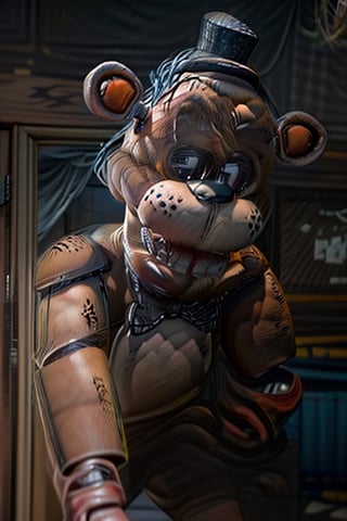 portrait commission of freddy fazbear,realistic,hyperdetailed,photorealistic,detailed face,art by greg rutkowski,trevor henderson,ross tran,artstation,deviantart,4k,western comic style,sharp lineart,professional lighting,professional shading,monster,darkart,freddy,perfect,FFIXBG, brown fur,k4k3k