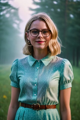 Modern, 2020s, detailed cinematic shot of a realistic film scene, blonde woman with shoulder length hair, happy in glasses looking at camera, full body shot showing intricate and detailed work, shot in the style of wes anderson and stephen king, oscar winning cinematography, stunning image captures, Meticulous attention, stunning costume design, high contrast, backlighting, bloom, chromatic aberration, low-key lighting, wind blow, atmospheric fog,