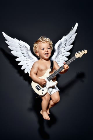 UltraRealistic photography, 8k, full body image Putto Angel Cherub with electric guitar, true children,  suspended in the air, flapping its small wings, ultra-detailed, intimate portrait composition, Leica 50mm, f1, colored,Extremely Realistic