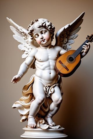 UltraRealistic photography, 8k, full body image Putto Angel Cherub with lute, suspended in the air, flapping its small wings, ultra-detailed, intimate portrait composition, Leica 50mm, f1, colored