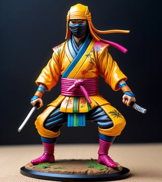 a hand-painted figurine representing a ninja man, rural Japanese, where secret ninja combat techniques are performed, art by josan gonzalez, yuna, pencil draw, cyb-3d-art,Leonardo Style,neon style,beyond_the_black_rainbow,awe_toys,Sci-fi 