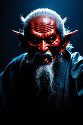 scruffy beard, Japanese mythological ghost of an elderly ninja, black background, creepy and threatening, bluish gray lighting, raised hand, his hand is wearing a red tengu 👺 mask and horns on his forehead, hira ichimonji position, eyes of red pupil, bloody pupil, body portrait, full face shot, close up, horror, dark and creepy, hyper realism, ultra detailed 8k film frames 6000.