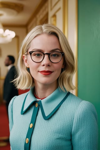Modern, 2020s, detailed cinematic shot of a realistic film scene, blonde woman with shoulder length hair, happy in glasses looking at camera, full body shot showing intricate and detailed work, shot in the style of wes anderson and stephen king, oscar winning cinematography, stunning image captures, Meticulous attention, stunning costume design.