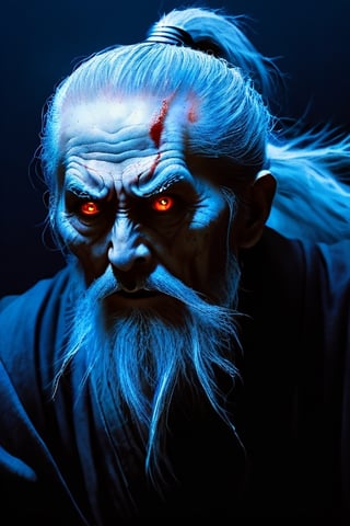 full shot, light_blue_body , creepy and menacing Japanese mythological ghost of an elderly ninja, scruffy beard, black background, hira ichimonji position, raised hand casting a magic spell in blue tones, red pupil eyes, bloody pupil, bluish gray lighting in the face, close up, Horror, dark and creepy, hyper realism, ultra detailed 8k film frames 6000.,Monster,HellAI