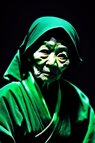 full shot, body portrait, creepy and menacing Japanese mythological ghost of an elderly ninja woman, black background, hira ichimonji position, raised hand casting a magic spell in green tones, white pupil eyes, bluish gray lighting on the face, close-up, horror , dark and creepy, hyperrealism, ultra detailed 8k film frames 6000