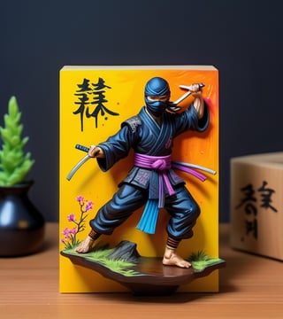 a hand-painted figurine representing a ninja man, rural Japanese, where secret ninja combat techniques are performed, art by josan gonzalez, yuna, pencil draw, cyb-3d-art,Leonardo Style,neon style,beyond_the_black_rainbow,awe_toys,Sci-fi 