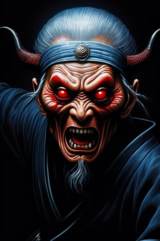 japanese mythological ghost of an elderly ninja, black background, creepy and threatening, bluish gray lighting, raised hand, his hand is wearing a red tengu mask and horns on his forehead, hira ichimonji position, red pupil eyes, bloody pupil, body portrait , full face shot, close up, horror, dark and creepy, hyper realism, ultra detailed 8k film frames 6000,Monster